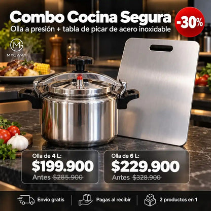 COMBO OLLA A PRESIÓN PREMIUM + TABLA DE ACERO INOXIDABLE